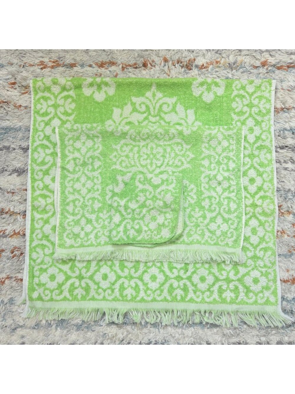 Vintage MCM St. Mary's Green Flower Bath Set Towels USA